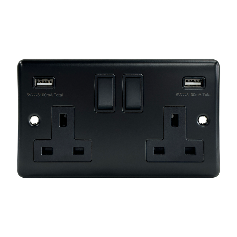 Caradok 2G 13A SP Sw Socket + 2 USB Outlets, 3.1A Total Output Matt Black - Caradok - The Curve - Matt Black