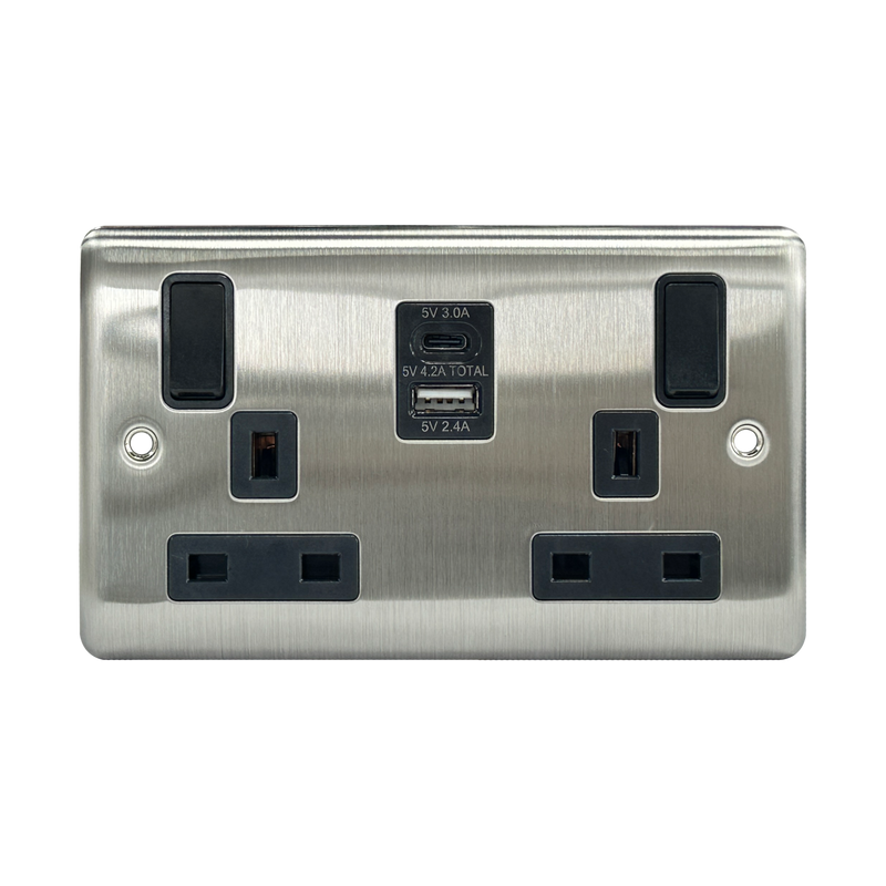 Caradok 2G 13A Switched Socket USB A + C Brushed Chrome Black Insert (Red On) -