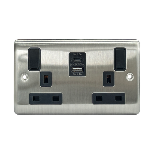 Caradok 2G 13A Switched Socket USB A + C Brushed Chrome Black Insert (Red On) -