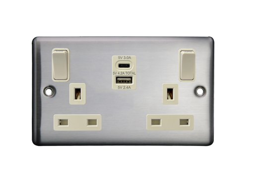 Caradok 2G 13A Switched Socket USB A + C Brushed Chrome White Insert - Caradok - The Curve - Brushed Steel