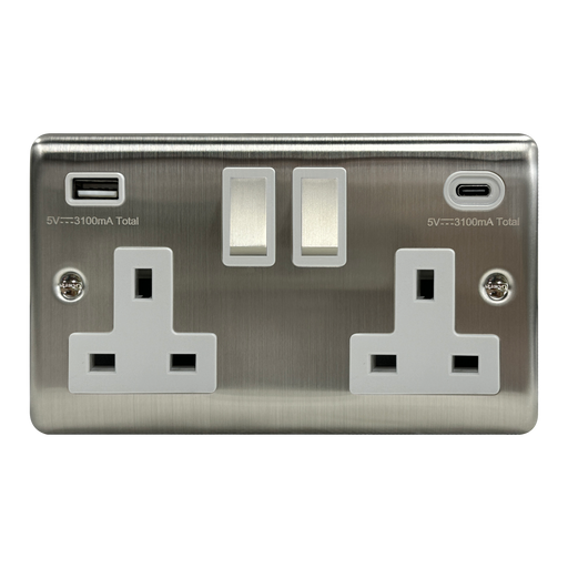 Caradok 2G 13A Switched Socket USB + TYPE C Brushed Chrome White Insert - Caradok - The Curve - Brushed Steel