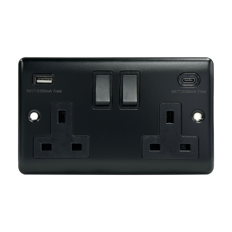 Caradok 2G 13A Switched Socket USB A + C Matt Black - Caradok - The Curve - Matt Black