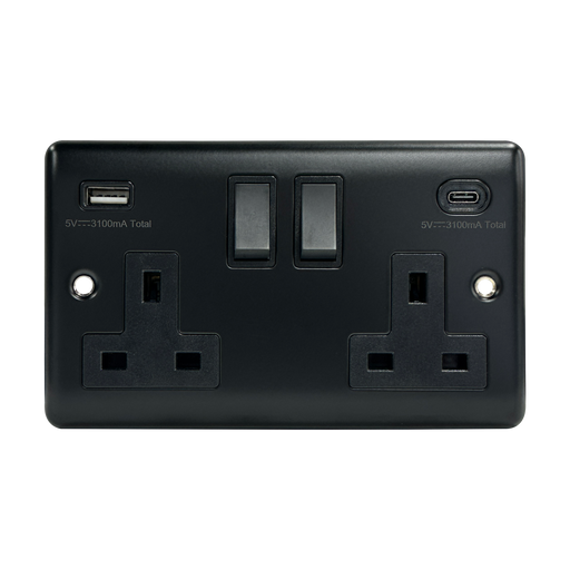 Caradok 2G 13A Switched Socket USB A + C Matt Black - Caradok - The Curve - Matt Black