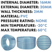 Clear Flexible Hose Pipe 16mm Inside Diameter / 20mm Outside Diameter - Hardware > Plumbing > Plumbing Pipes Tech Hose & Fittings