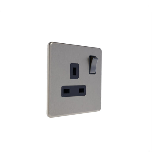 Caradok 13A 1G DP Switched Socket Brushed Chrome - Black Inserts - Caradok - The Flat - Brushed Steel