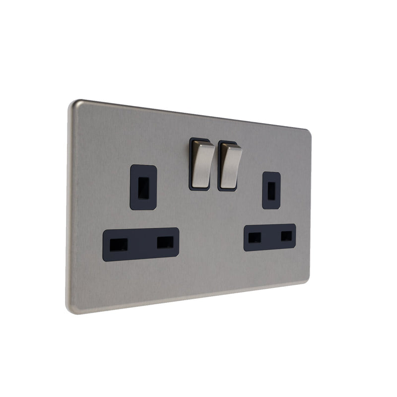 Caradok 13A 2G DP Switched Metal Socket Brushed Chrome - Black Inserts - Caradok - The Flat - Brushed Steel