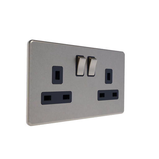 Caradok 13A 2G DP Switched Metal Socket Brushed Chrome - Black Inserts - Caradok - The Flat - Brushed Steel