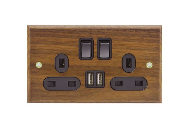 Caradok 2 Gang 2 x USB Walnut Wood Plug Socket -