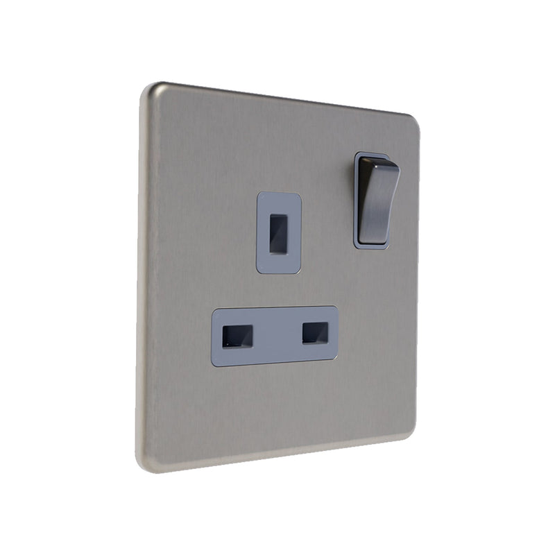 Caradok 13A 1G DP Switched Socket Brushed Chrome Grey Insert - Caradok - The Flat - Brushed Steel