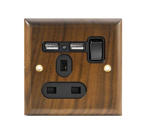 Caradok 1 Gang 2 x USB Walnut Wood Single Plug Socket -