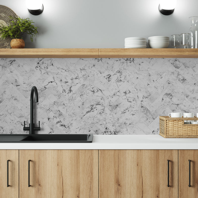 Bushboard Alloy Carrara Marble Herringbone Aluminium Feature Kitchen Splashback