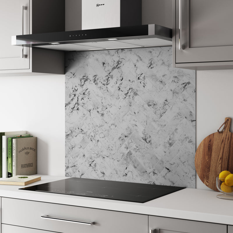 Bushboard Alloy Carrara Marble Herringbone Aluminium Feature Kitchen Splashback