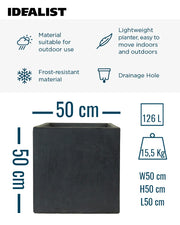 IDEALIST Lite Contemporary Flower Box Square Garden Planter, Faux Lead Light Concrete Outdoor Large Plant Pot H50 L50 W50 cm, 126L - Home & Garden > Lawn & Garden > Gardening > Pots & Planters > Planters