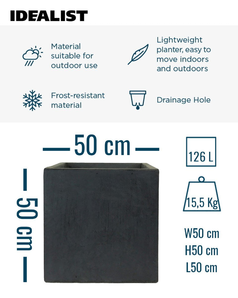 IDEALIST Lite Contemporary Flower Box Square Garden Planter, Faux Lead Light Concrete Outdoor Large Plant Pot H50 L50 W50 cm, 126L - Home & Garden > Lawn & Garden > Gardening > Pots & Planters > Planters