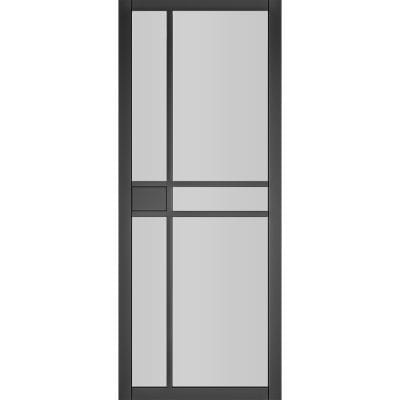Glass door with black frame and transparent panels on a white background