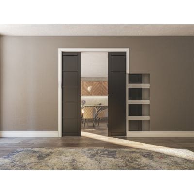 Double Pocket Door Sliding Kit + Handle & Doorjamb 125mm Oak Frame + Black Hardware - All Sizes -