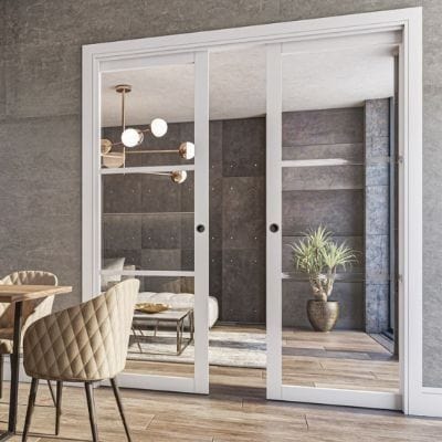 Double Pocket Door Sliding Kit + Handle & Doorjamb 125mm Oak Frame + Satin Chrome Hardware - All Sizes -