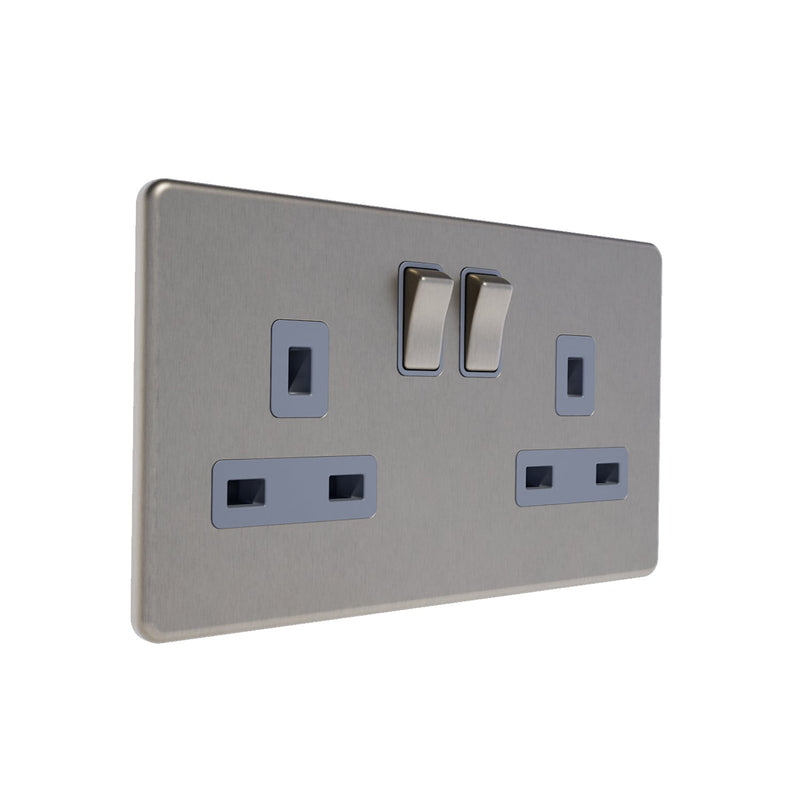 Caradok 13A 2G DP Switched Socket Brushed Chrome Grey Insert - Caradok - The Flat - Brushed Steel