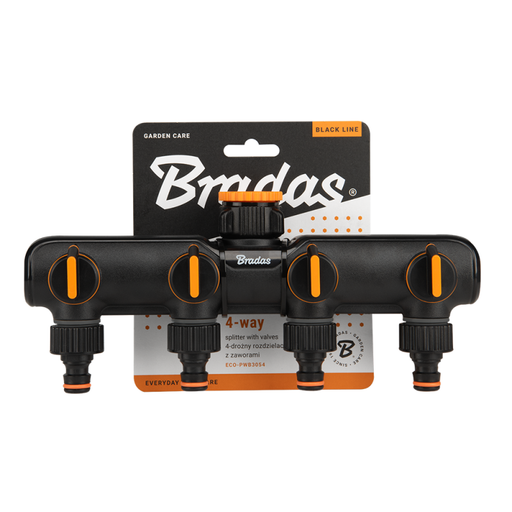 4-Way Tap Splitter Orange/Black with Valves - Home & Garden > Lawn & Garden > Watering & Irrigation > Garden Hose Fittings & Valves Garden watering