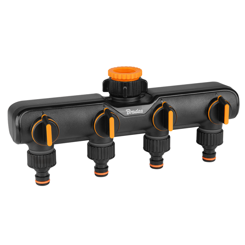 4-Way Tap Splitter Orange/Black with Valves - Home & Garden > Lawn & Garden > Watering & Irrigation > Garden Hose Fittings & Valves Garden watering