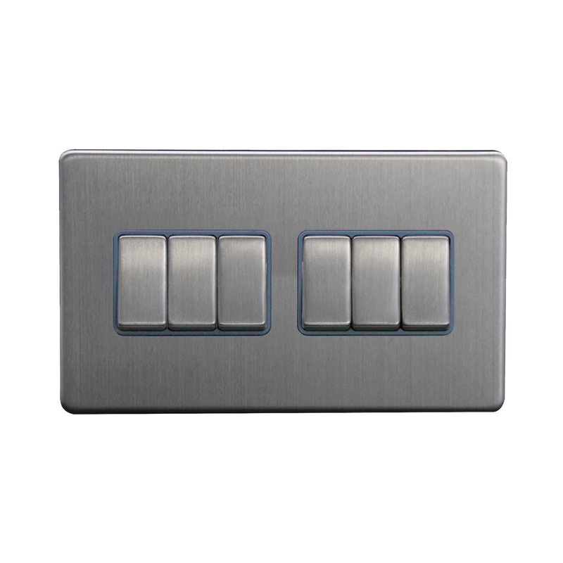 Caradok 6G 2Way 10A Switch Brushed Chrome Grey Insert - Caradok - The Flat - Brushed Steel
