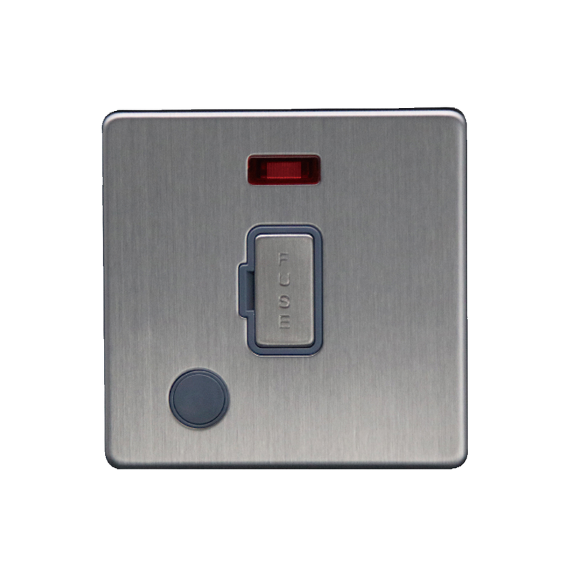 Caradok 13A Unswitched Spur c/w Neon + FO Brushed Chrome Grey Insert - Caradok - The Flat - Brushed Steel