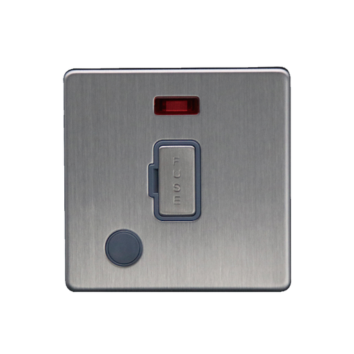 Caradok 13A Unswitched Spur c/w Neon + FO Brushed Chrome Grey Insert - Caradok - The Flat - Brushed Steel