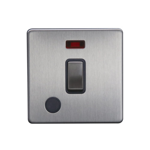 Caradok 20A DP Switch c/w Neon + FO Brushed Chrome Grey Insert - Caradok - The Flat - Brushed Steel