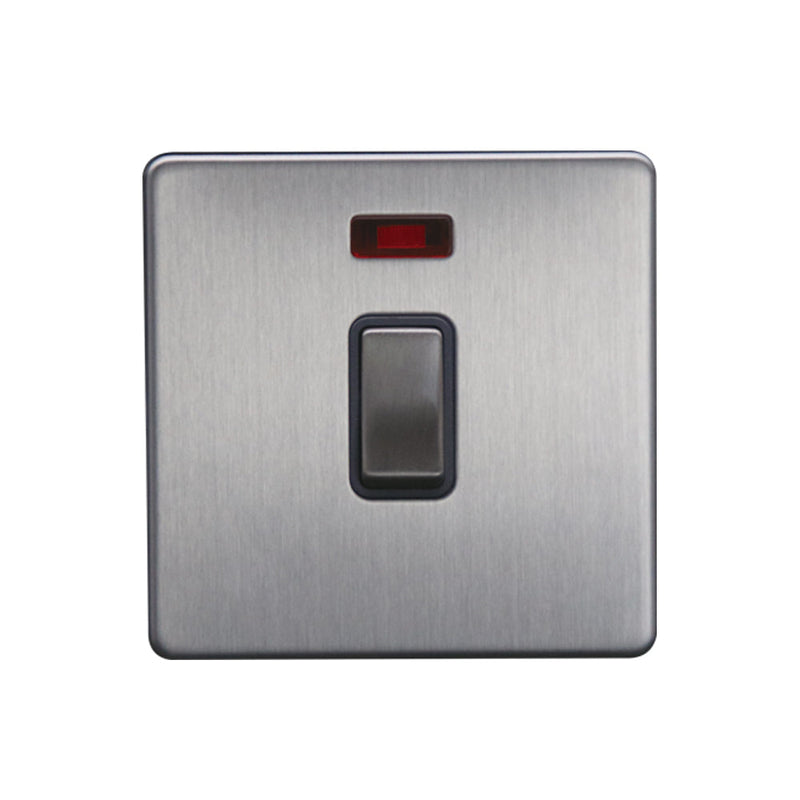 Caradok 20A DP Switch c/w Neon Brushed Chrome Grey Insert - Caradok - The Flat - Brushed Steel