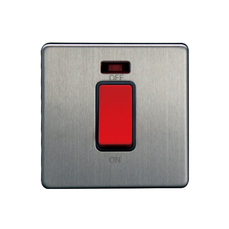 Caradok 1G 45A DP Switch c/w Neon Brushed Chrome Grey Insert - Caradok - The Flat - Brushed Steel