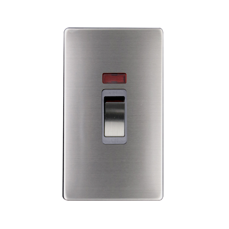 Caradok 2G 45A DP Switch c/w Neon Brushed Chrome Grey Insert - Caradok - The Flat - Brushed Steel