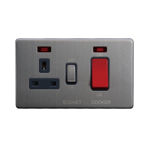 Caradok 45A DP Cooker Control Unit c/w Neon Brushed Chrome Grey Insert - Caradok - The Flat - Brushed Steel