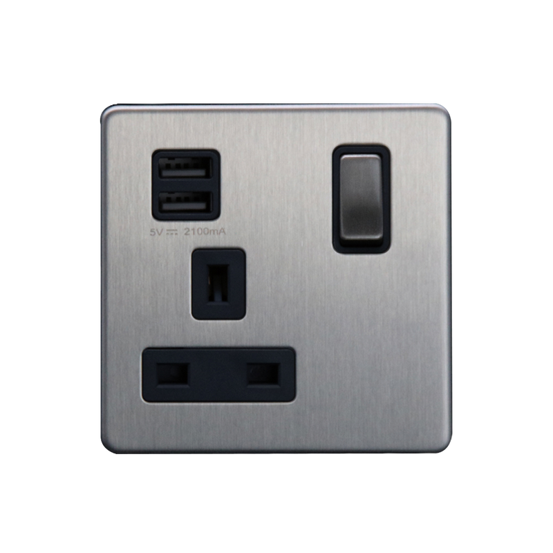 Caradok 1G 13A Switched Socket 2 USB A 2.1A Brushed Chrome Black - Caradok - The Flat - Brushed Steel