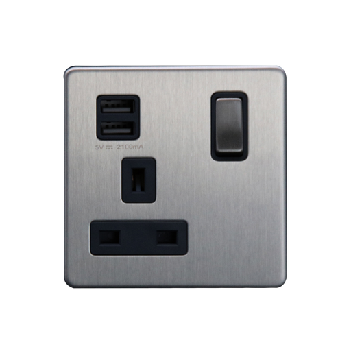 Caradok 1G 13A Switched Socket 2 USB A 2.1A Brushed Chrome Black - Caradok - The Flat - Brushed Steel