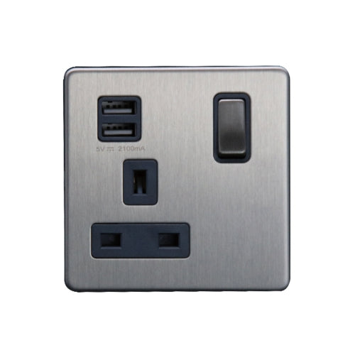 Caradok 1G 13A Switched Socket 2 USB A 2.1A Brushed Chrome Grey Insert - Caradok - The Flat - Brushed Steel