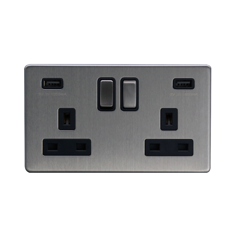 Caradok 2G 13A Switched Socket 2 USB A 3.1A Brushed Chrome Black - Caradok - The Flat - Brushed Steel