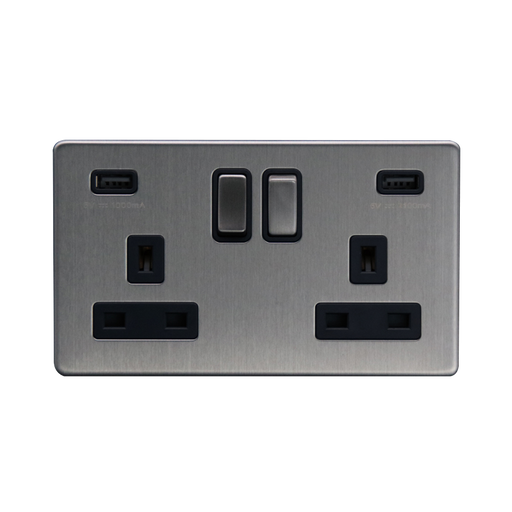Caradok 2G 13A Switched Socket 2 USB A 3.1A Brushed Chrome Black - Caradok - The Flat - Brushed Steel