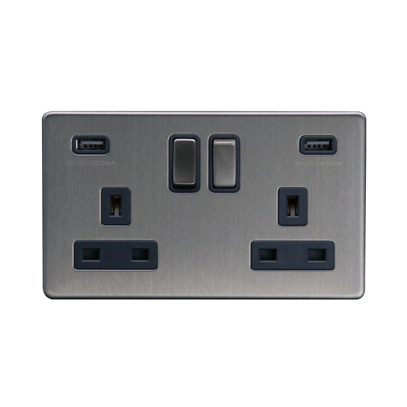 Caradok 2G 13A Switched Socket 2 USB A 3.1A Brushed Chrome Grey Insert - Caradok - The Flat - Brushed Steel