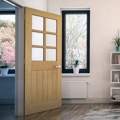 Ely Oak Unfinished 6 Glazed Bevelled Light Panels Internal Door - All Sizes -