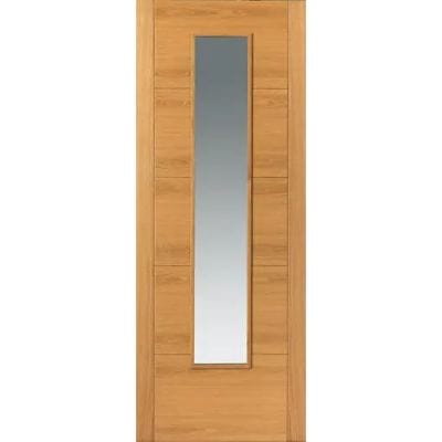 Wooden door with a glass panel on a white background