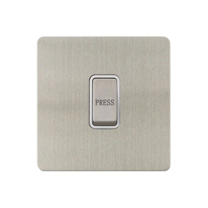 Caradok - The Ultra Flat - Brushed Chrome - FN023DMF - Retractive Switch Marked Press Brushed Chrome, White Insert - Hardware > Power & Electrical Supplies > Power Outlets & Sockets > Wall Outlets Caradok - The Ultra Flat - Brushed Steel