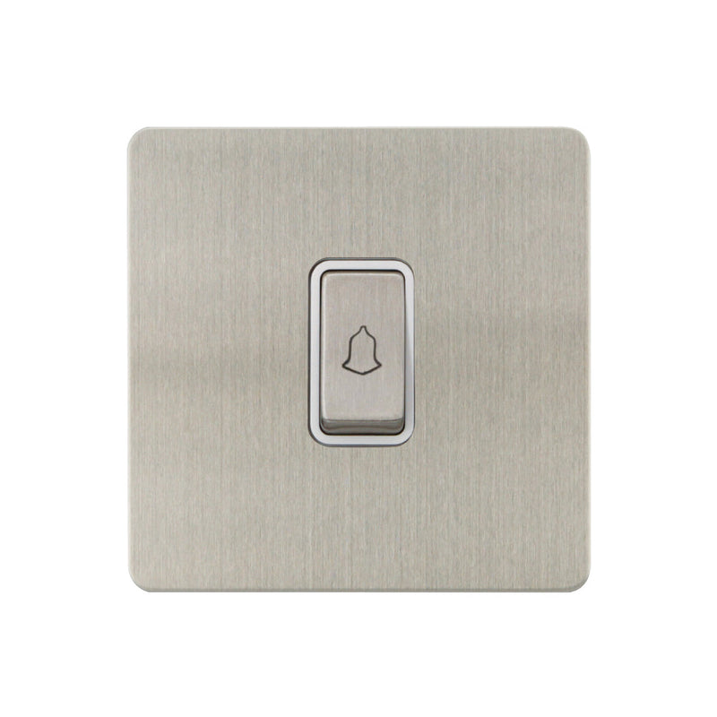 Caradok - The Ultra Flat - Brushed Chrome - FN024DMF - Retractive Switch c/w Bell Logo Brushed Chrome, White Insert - Hardware > Power & Electrical Supplies > Power Outlets & Sockets > Wall Outlets Caradok - The Ultra Flat - Brushed Steel