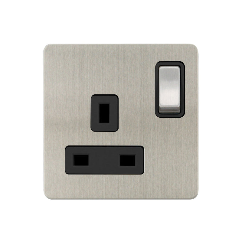 Caradok - The Ultra Flat - Brushed Chrome - FN035DME - 1G 13A DP Switched Socket Brushed Chrome, Black Insert - Hardware > Power & Electrical Supplies > Power Outlets & Sockets > Wall Outlets Caradok - The Ultra Flat - Brushed Steel