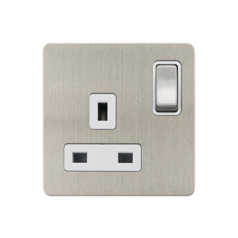 Caradok - The Ultra Flat - Screwless 13a 1G DP Switched Socket Metal Brushed Chrome With White Inserts - Hardware > Power & Electrical Supplies > Power Outlets & Sockets > Wall Outlets Caradok - The Ultra Flat - Brushed Steel