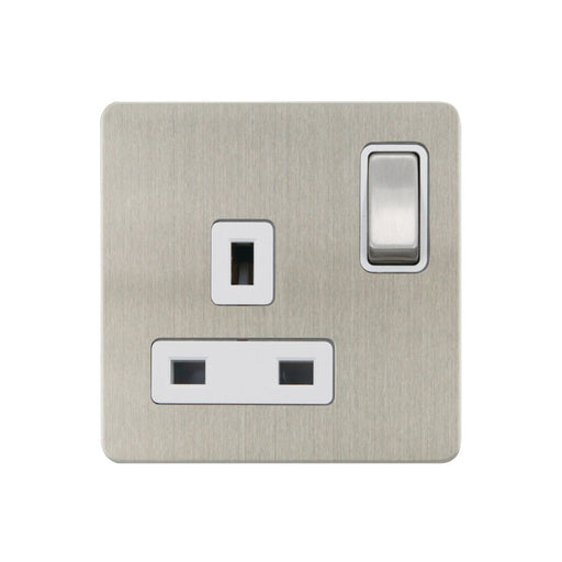 Caradok - The Ultra Flat - Screwless 13a 1G DP Switched Socket Metal Brushed Chrome With White Inserts - Hardware > Power & Electrical Supplies > Power Outlets & Sockets > Wall Outlets Caradok - The Ultra Flat - Brushed Steel
