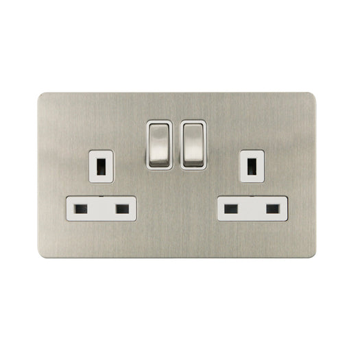Caradok - The Ultra Flat - Screwless 13a 2G DP Switched Socket Metal Brushed Chrome With White Inserts - Hardware > Power & Electrical Supplies > Power Outlets & Sockets > Wall Outlets Caradok - The Ultra Flat - Brushed Steel