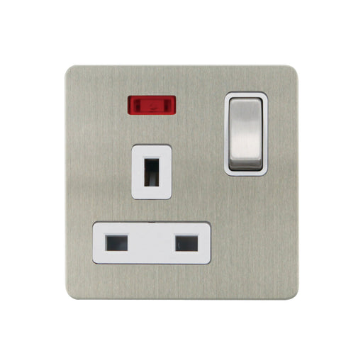 Caradok - The Ultra Flat - Brushed Chrome - FN039DMF - 1G 13A DP Sw Socket c/w Neon Brushed Chrome, White Insert - Hardware > Power & Electrical Supplies > Power Outlets & Sockets > Wall Outlets Caradok - The Ultra Flat - Brushed Steel