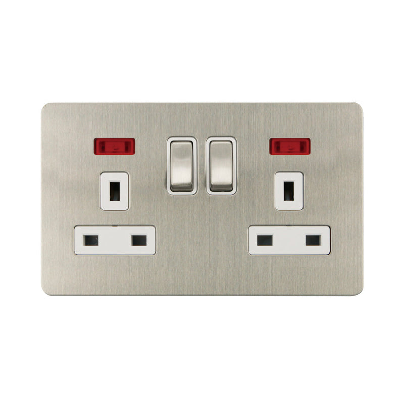Caradok - The Ultra Flat - Brushed Chrome - FN040DMF - 2G 13A DP Sw Socket c/w Neon Brushed Chrome, White Insert - Hardware > Power & Electrical Supplies > Power Outlets & Sockets > Wall Outlets Caradok - The Ultra Flat - Brushed Steel