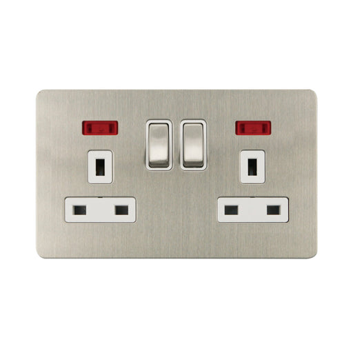 Caradok - The Ultra Flat - Brushed Chrome - FN040DMF - 2G 13A DP Sw Socket c/w Neon Brushed Chrome, White Insert - Hardware > Power & Electrical Supplies > Power Outlets & Sockets > Wall Outlets Caradok - The Ultra Flat - Brushed Steel