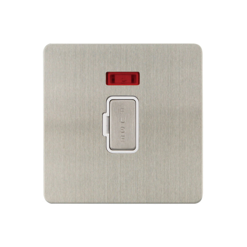 Caradok - The Ultra Flat - Brushed Chrome - FN050DMF - 13A Unswitched Spur c/w Neon Brushed Chrome, White Insert - Hardware > Power & Electrical Supplies > Power Outlets & Sockets > Wall Outlets Caradok - The Ultra Flat - Brushed Steel